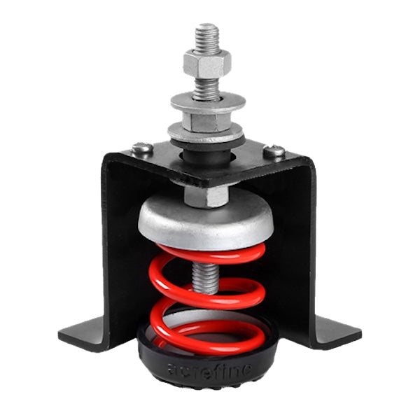 A Acrefine spring isolator with a black steel housing and red springs, designed to restrain equipment movement.