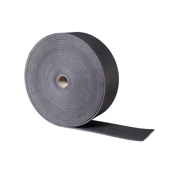 A roll of black Acrefine Floating Floor Perimeter Strip, designed for acoustic isolation in floating floor systems.