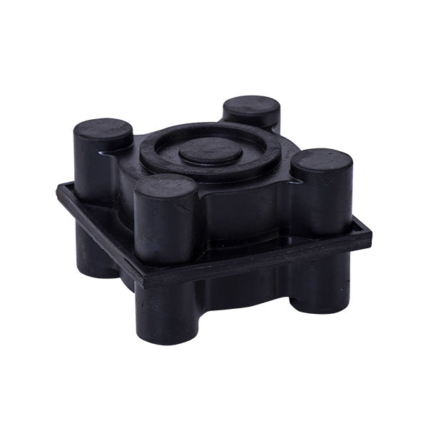 Black floating floor rubber mount with four corners raised, designed to minimize noise transmission and vibration.