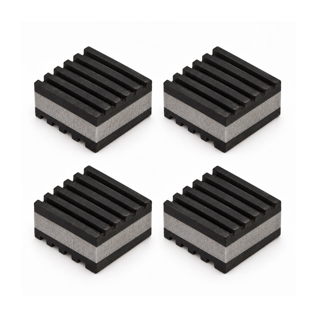 Pack of 4 Acrefine API-C heavy duty anti vibration pads, 50 × 50 mm, two ribbed rubber layers bonded to a grey EVA core, ribs crossing at 90° on top and bottom faces