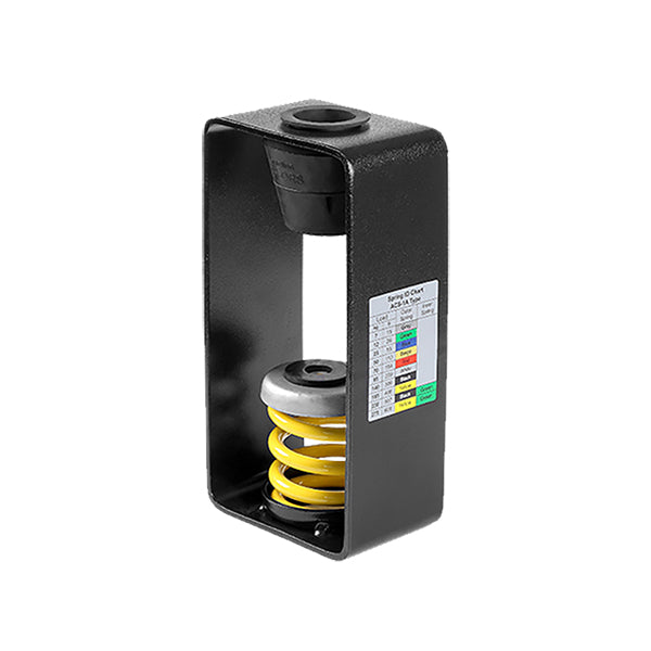 Vibration isolation hanger with spring and rubber elements in a steel housing