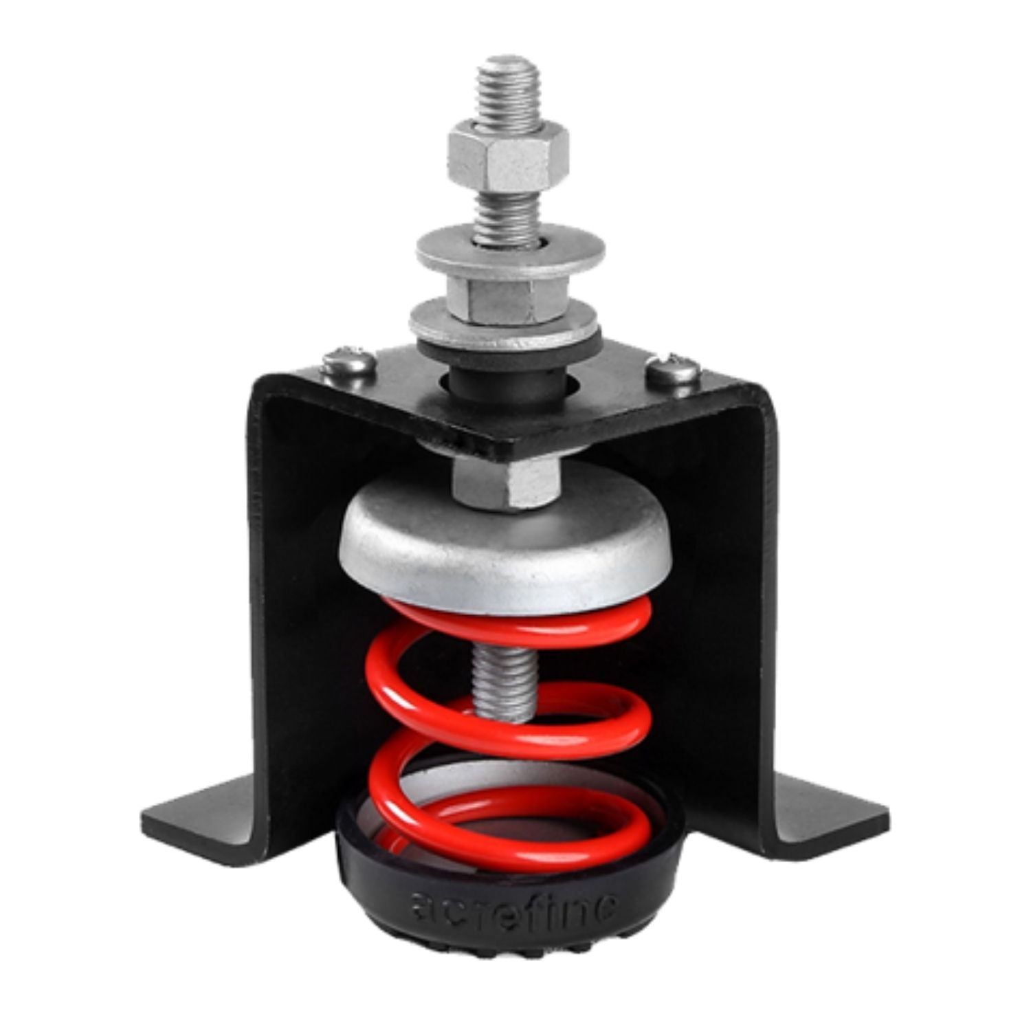 Acrefine seismic restrained spring mount with a red coil, showing the internal leveling bolt and restraint bracket.