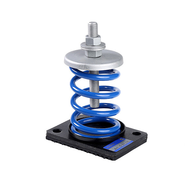 A blue Acrefine Spring Isolator AVI-B with a silver top plate and black base, designed to minimize vibration and noise transmission from floor mounted equipment.