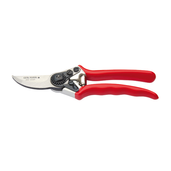 A pair of garden secateurs with red forged aluminium handles and carbon steel blades.
