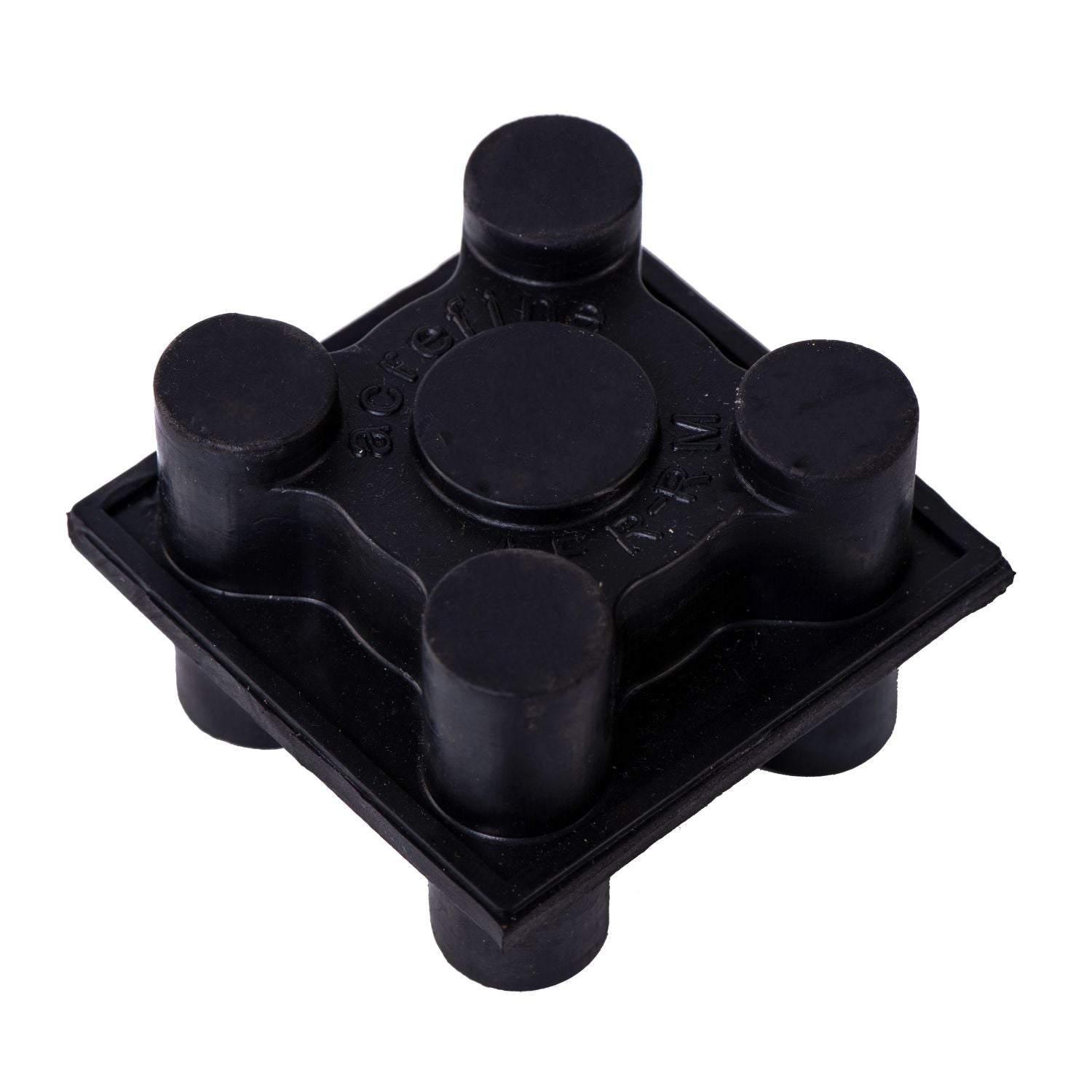 Top perspective view of Acrefine acoustic floor mount highlighting the molded brand name and four-pillar stability design.