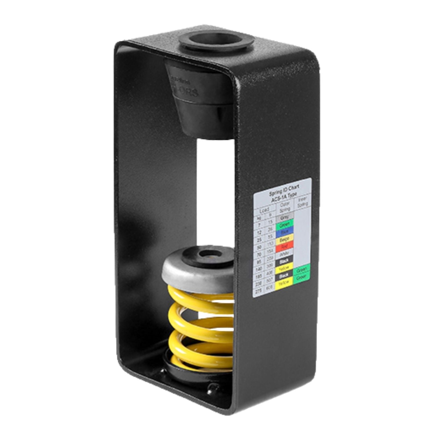 Acrefine combined spring and rubber vibration hanger with a yellow coil, integrated top elastomer element, and steel housing.