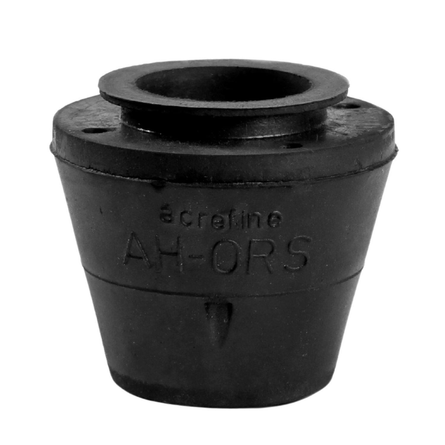 Top perspective view of Acrefine elastomer hanger element showing the central rod hole and upper flange design.