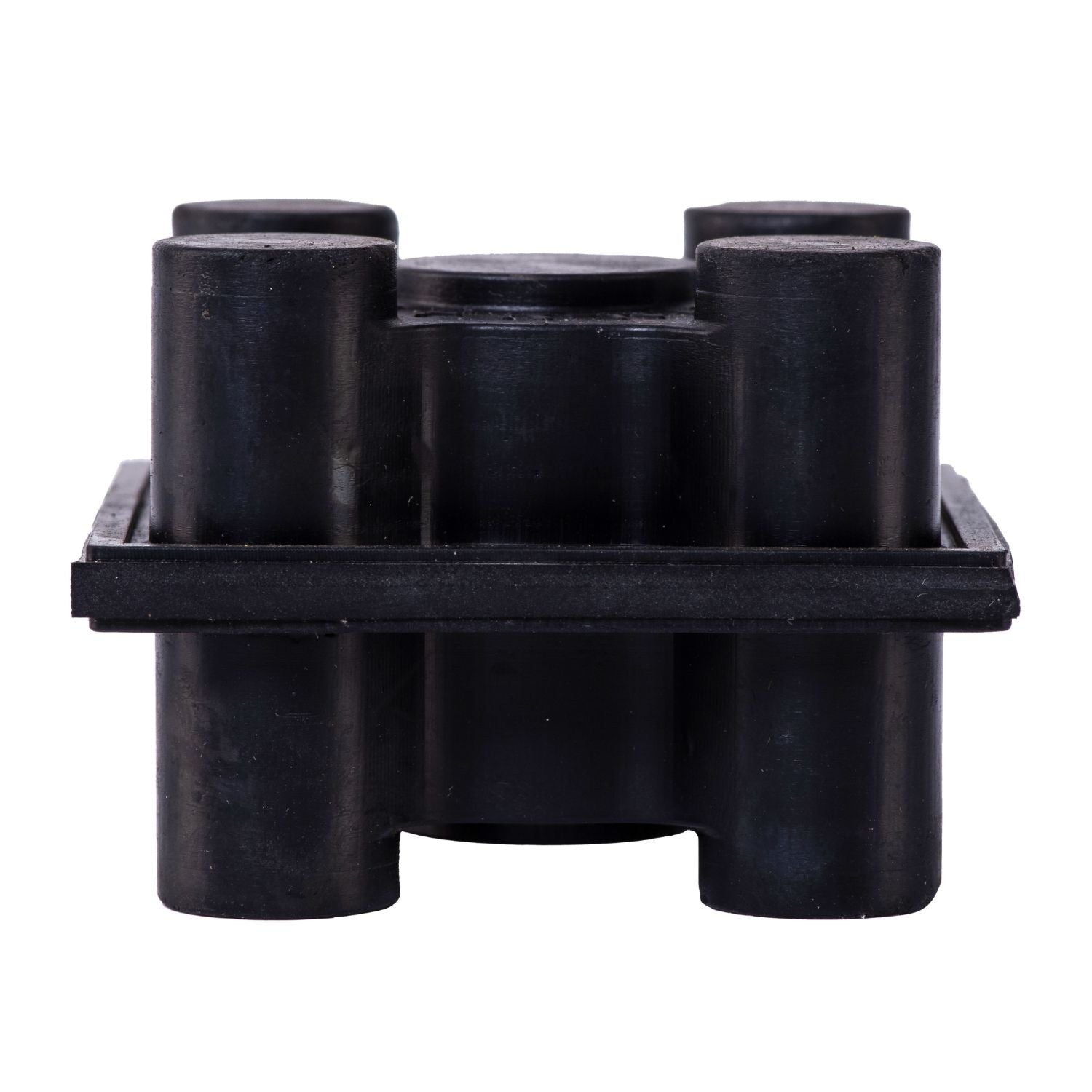Front profile view of Acrefine floating floor rubber isolator showcasing the heavy-duty elastomer pillars and center partition.