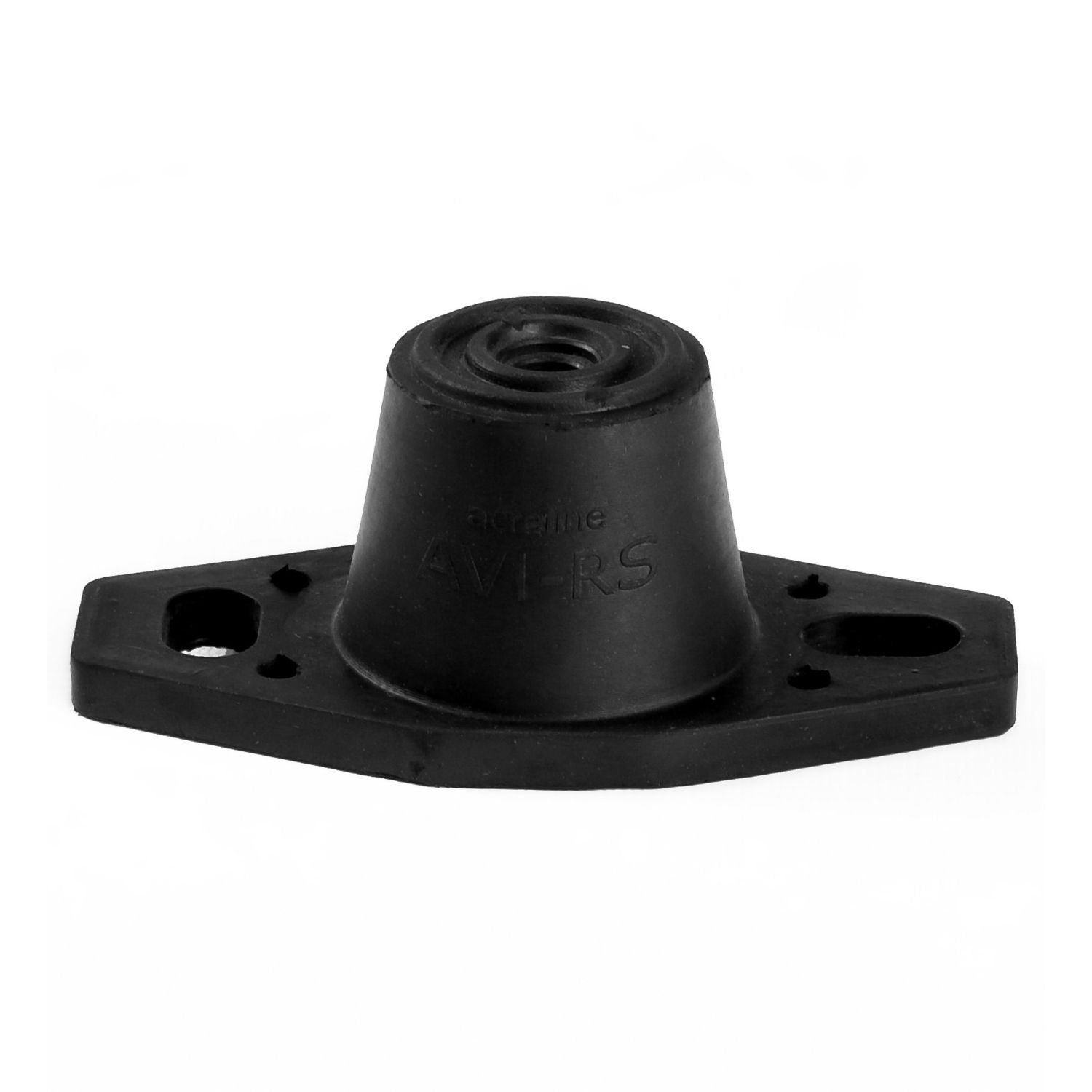 Acrefine floor-mounted rubber isolator featuring molded AVI-RS model text and integrated oval fixing holes on the base flange.