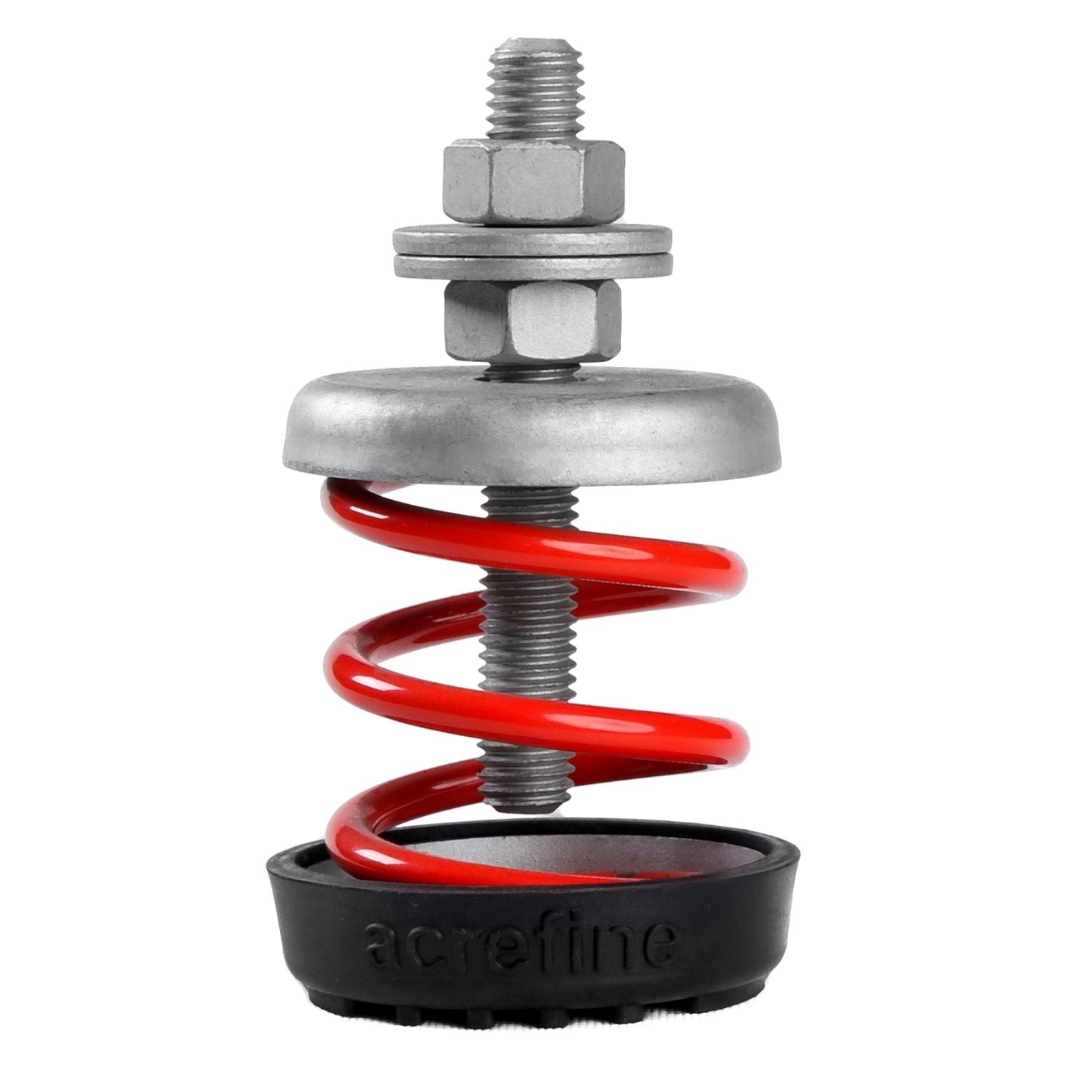 Acrefine free-standing spring isolator with red coil, adjustable leveling bolt, and black rubber acoustic base pad.