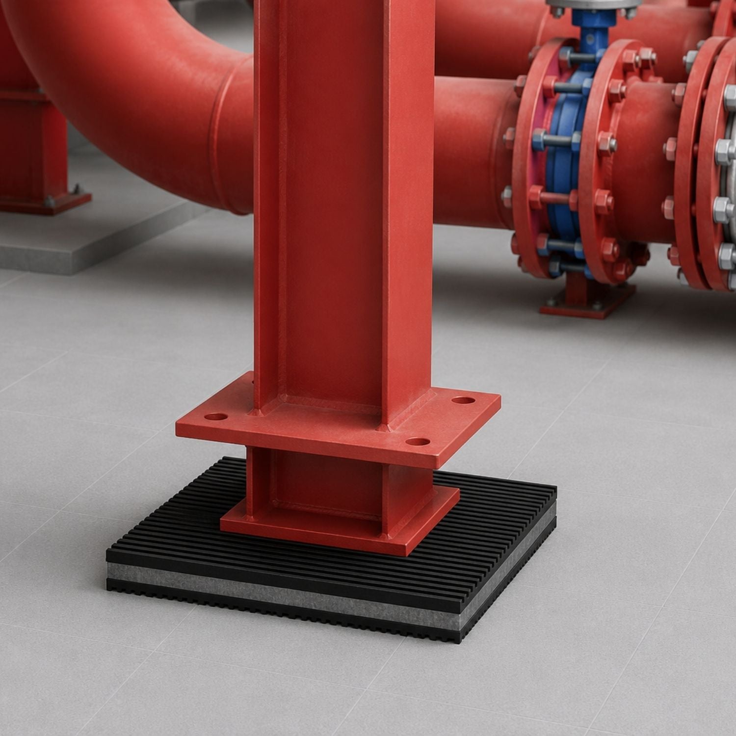 Acrefine heavy duty anti vibration pad installed under a structural steel column base plate under industrial piping.