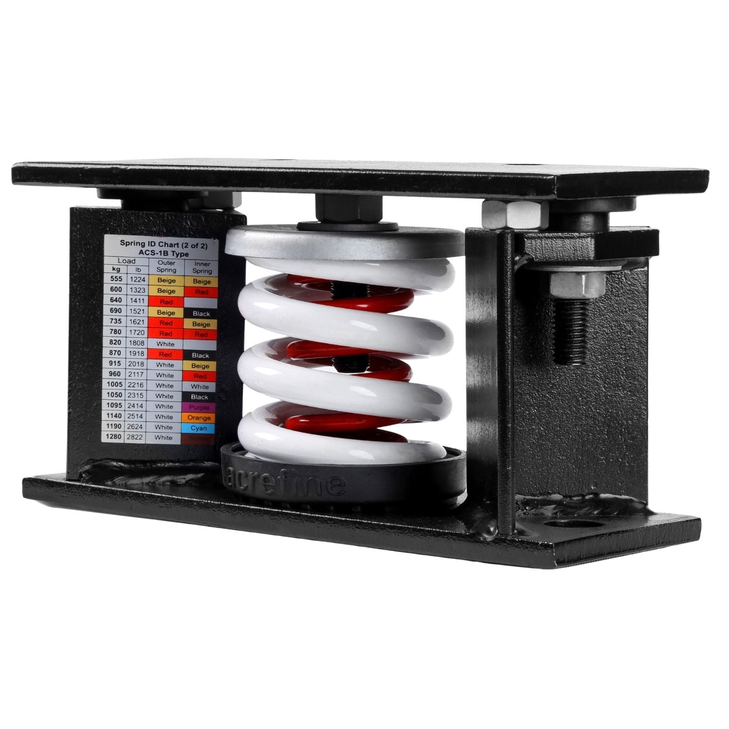 Acrefine heavy-duty housed vibration spring mount featuring white and red nested coils in a black welded steel frame.