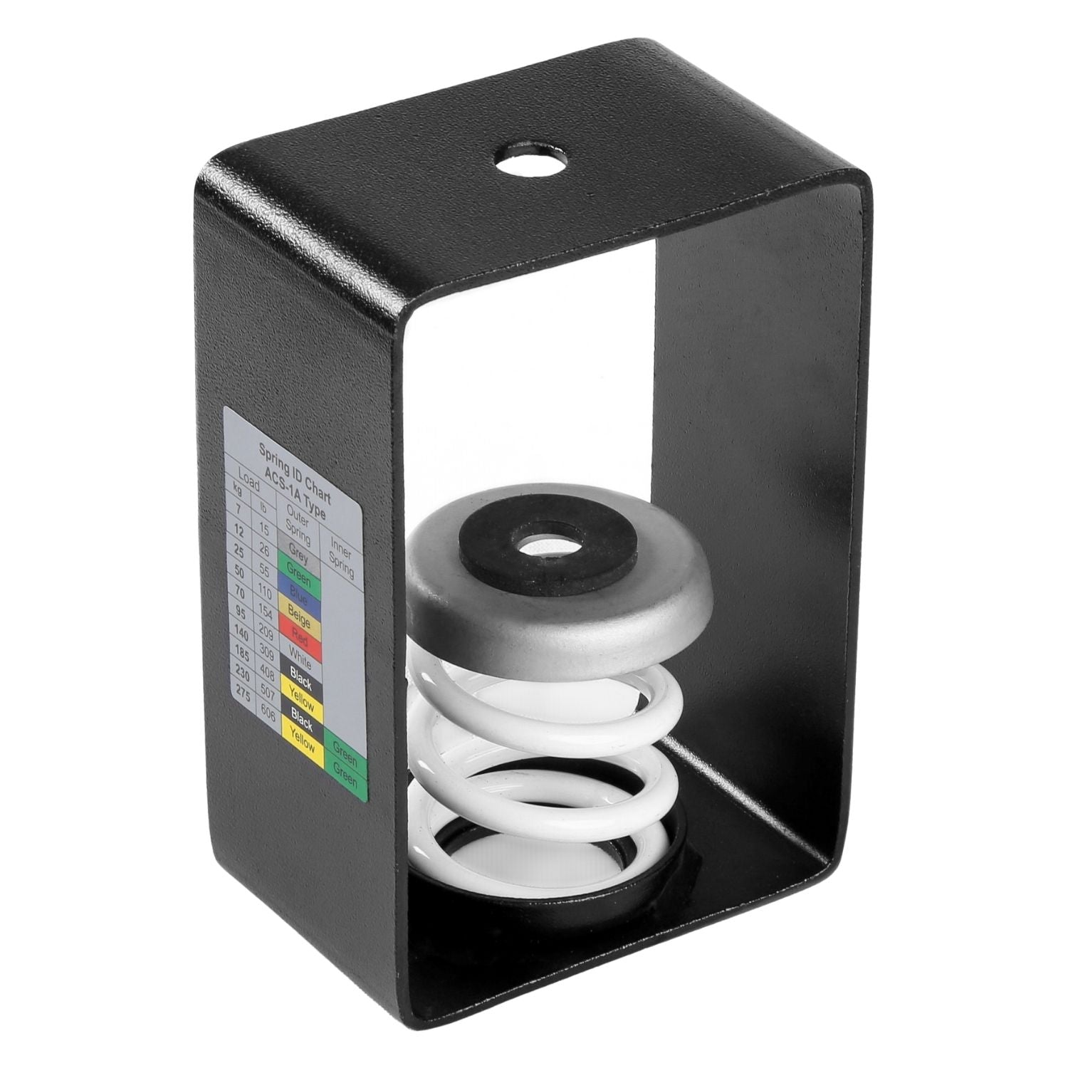 Front perspective view of Acrefine housed vibration isolation hanger showcasing the heavy-duty steel frame and internal steel spring.
