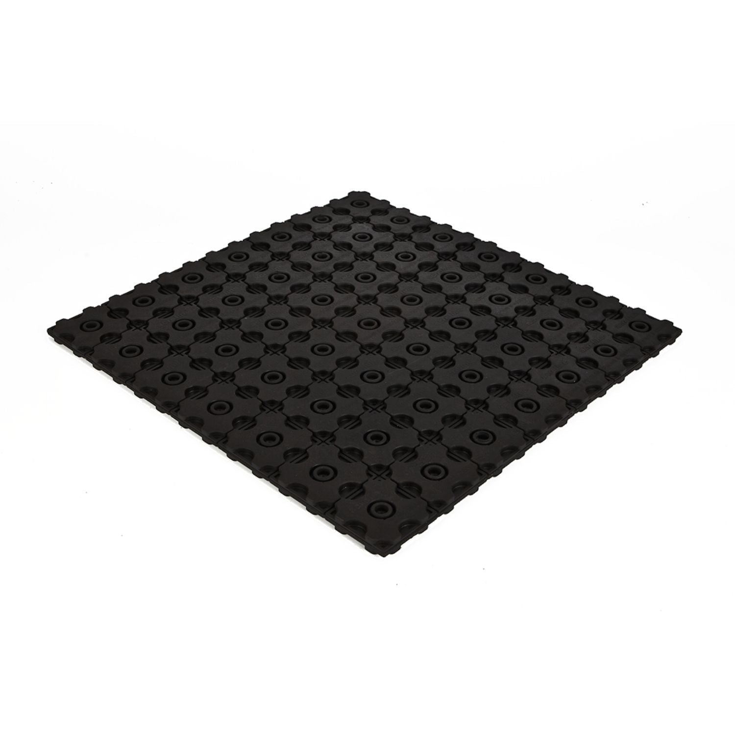Symmetrical perspective studio shot of assembled Acrefine interlocking rubber isolation pad modules forming a large matrix sheet.