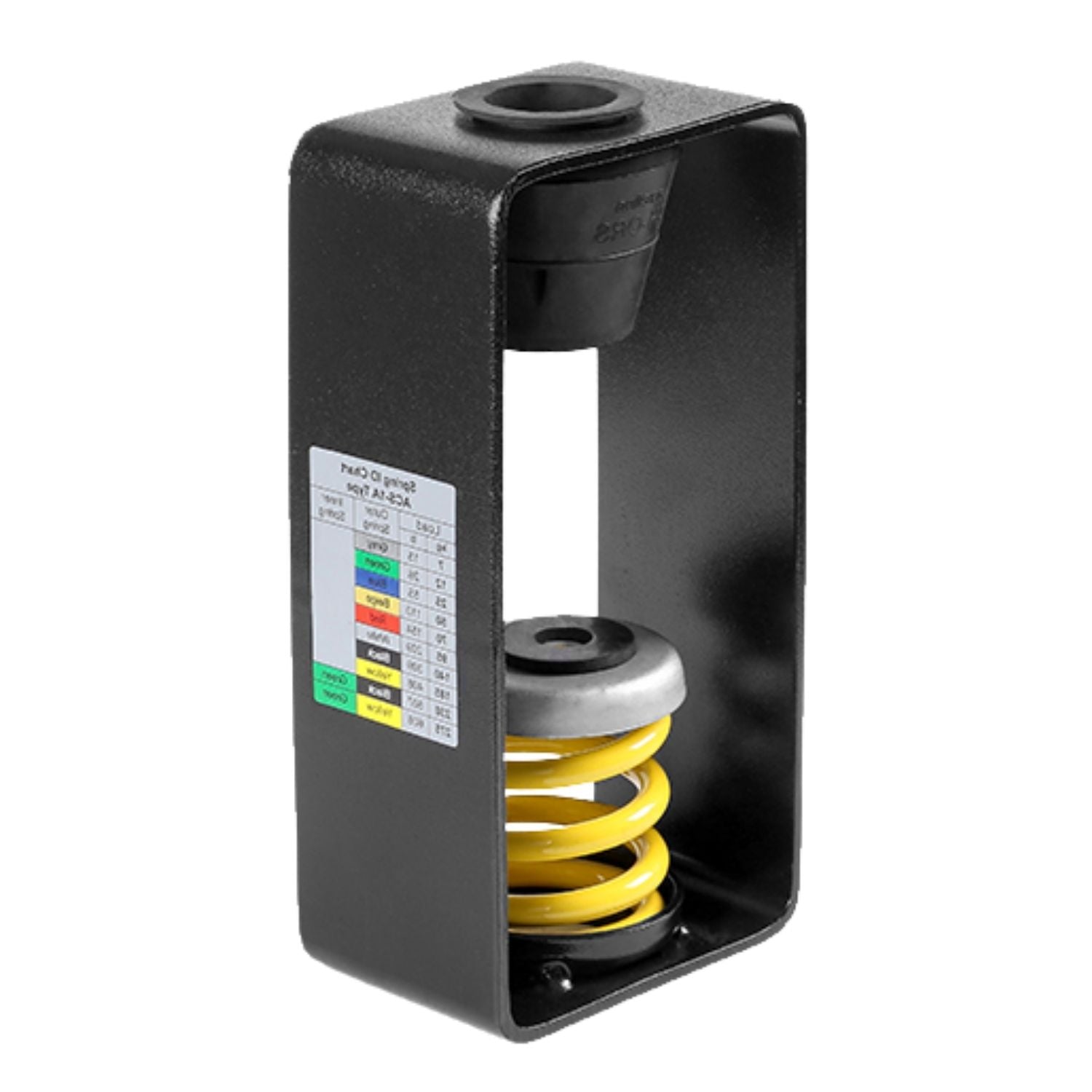 Perspective view of Acrefine dual isolation spring and rubber hanger showing the heavy-duty steel box and color-coded load selection chart