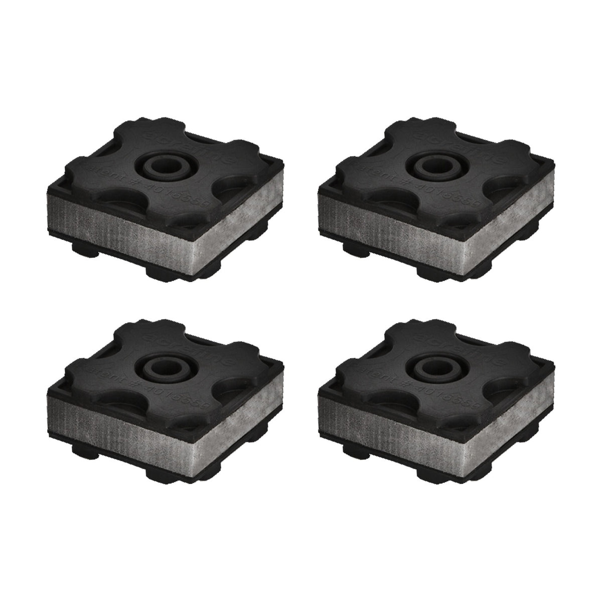 Acrefine modular anti-vibration pads, 50 × 50 mm, pack of 4, with an EVA core between two rubber layers.
