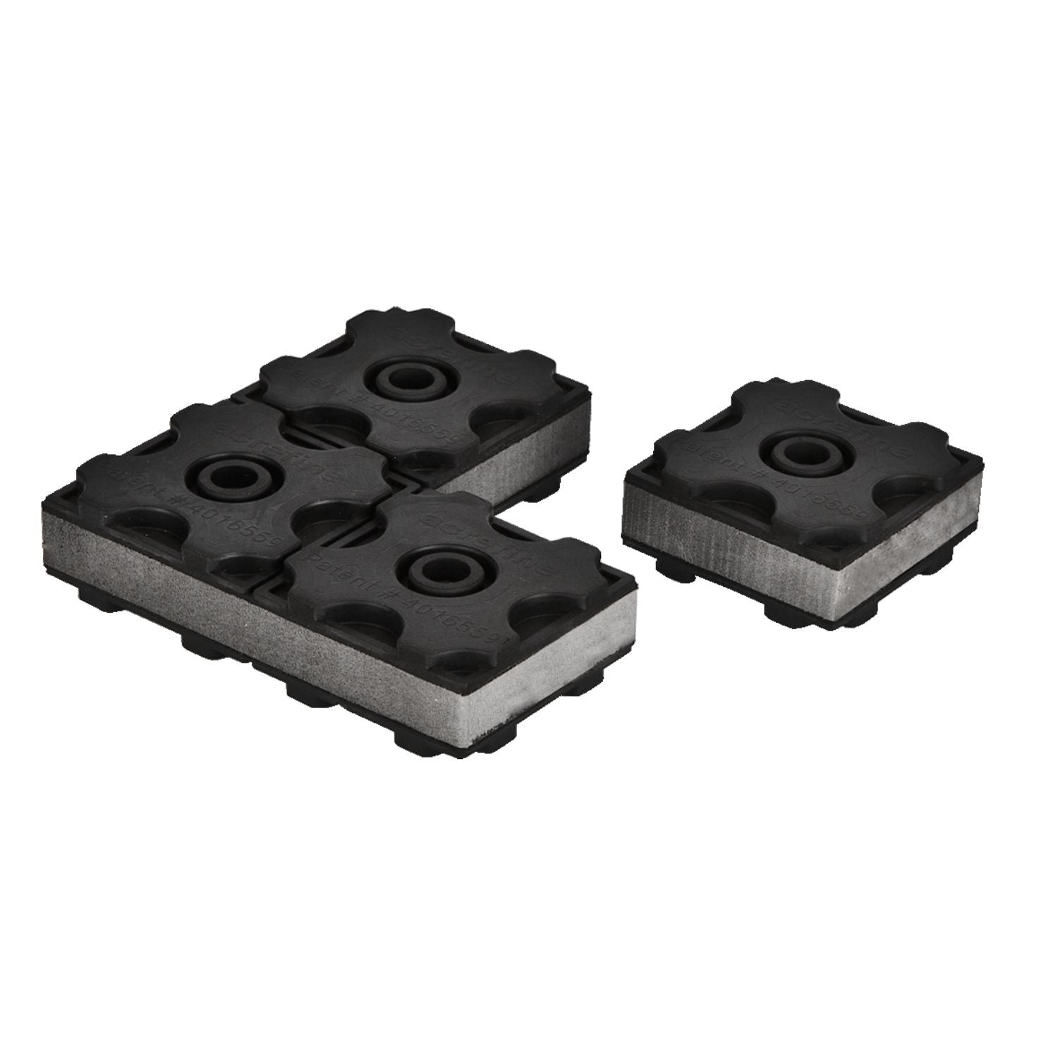 Disassembled Acrefine modular copolymer rubber pad units illustrating the interlocking connection mechanism and visible grey copolymer core.