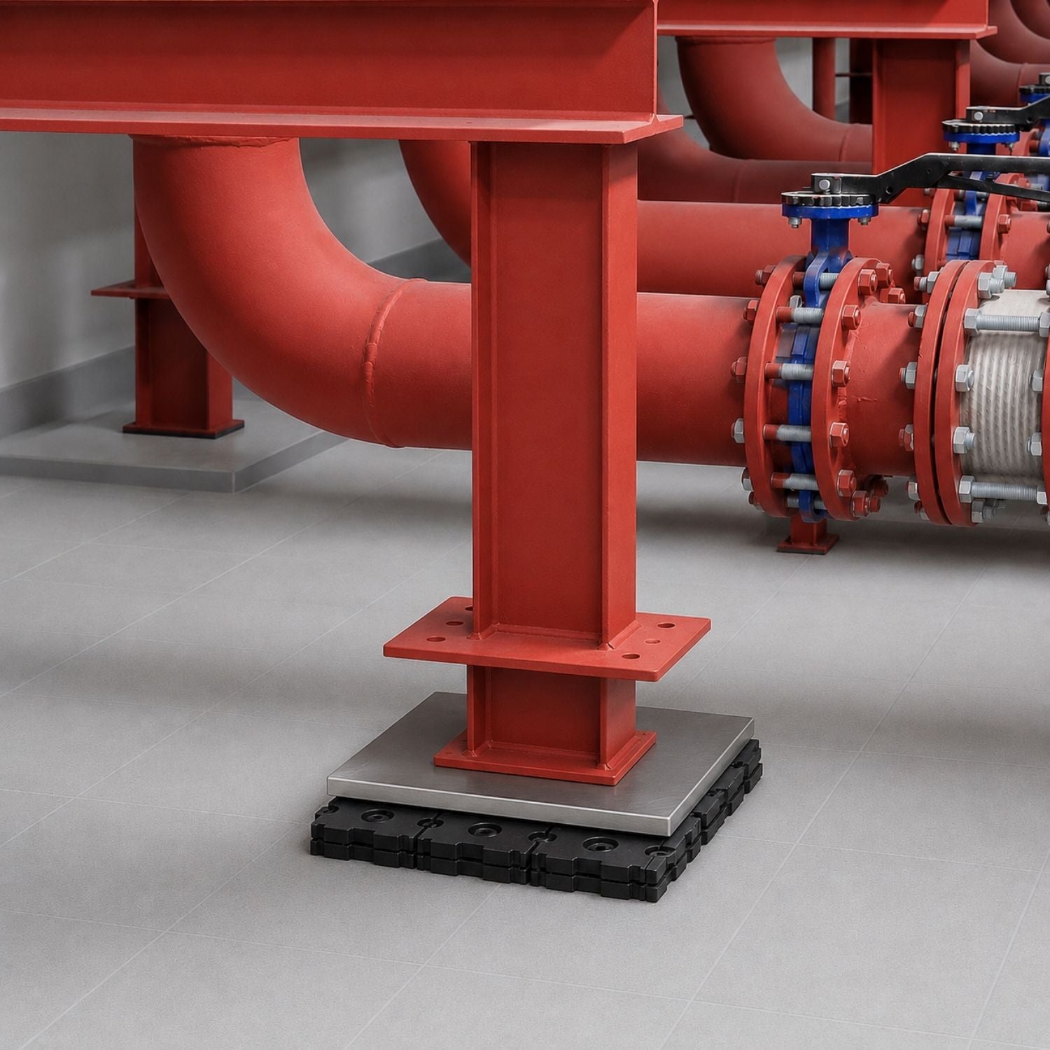 Acrefine modular interlocking anti vibration pads assembled together under a heavy-duty industrial pipeline steel support frame.