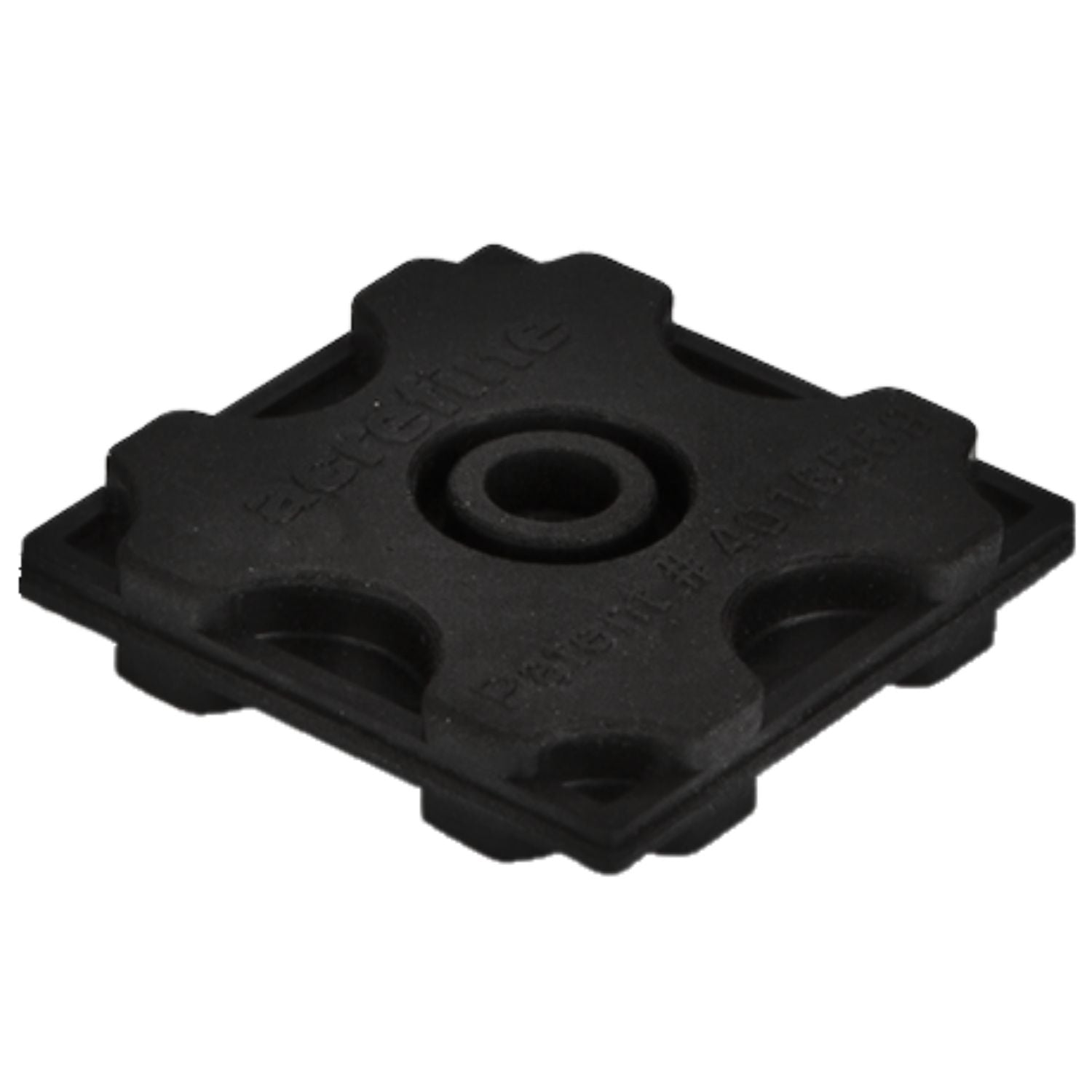 Close-up technical view of a single Acrefine interlocking vibration isolation rubber module showing the molded patent numbers.