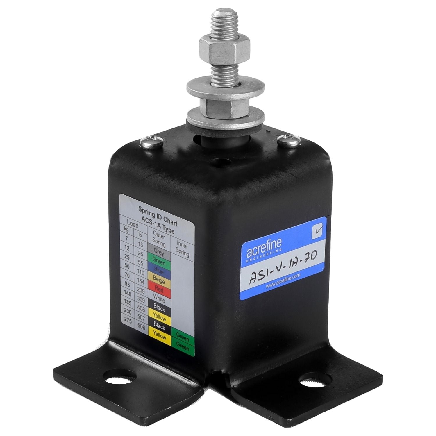 Acrefine restrained spring isolator with a black steel housing, integrated flanged mounting base, and load chart.