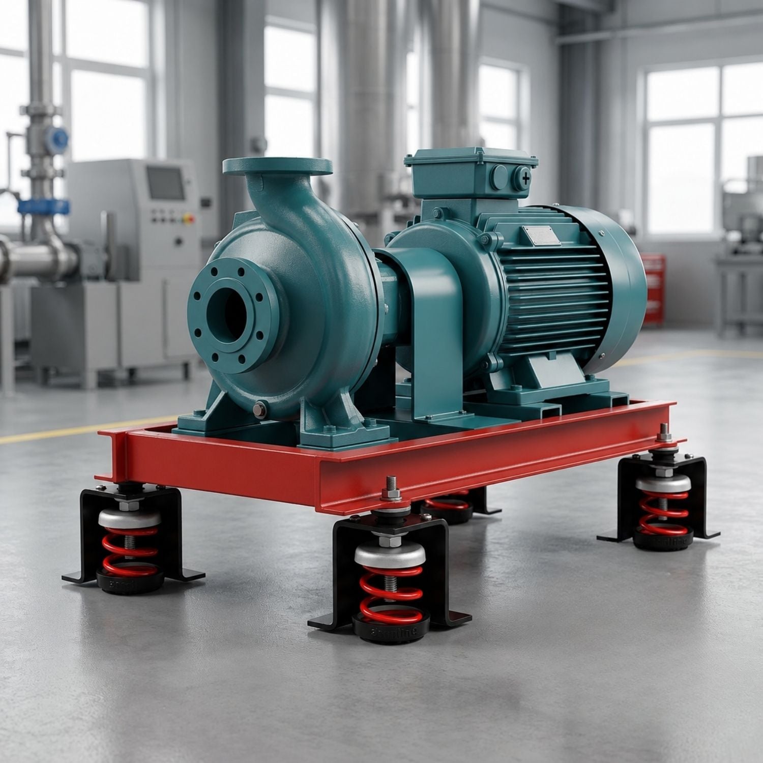 Acrefine restrained spring isolators installed under an industrial pump system for vibration isolation and seismic restraint.