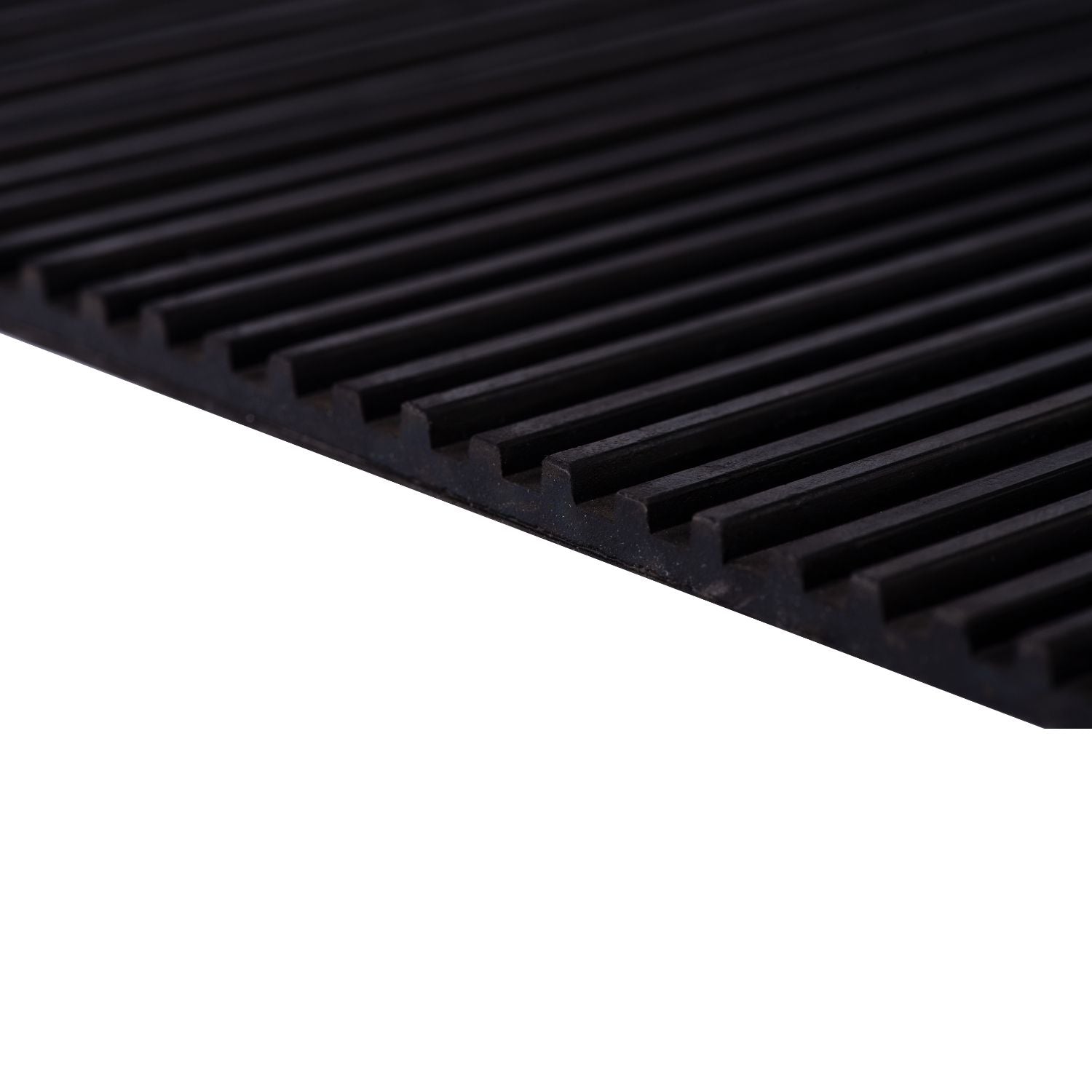 Close-up technical view of Acrefine ribbed rubber isolation mat illustrating the single-sided groove pattern and flat solid base.
