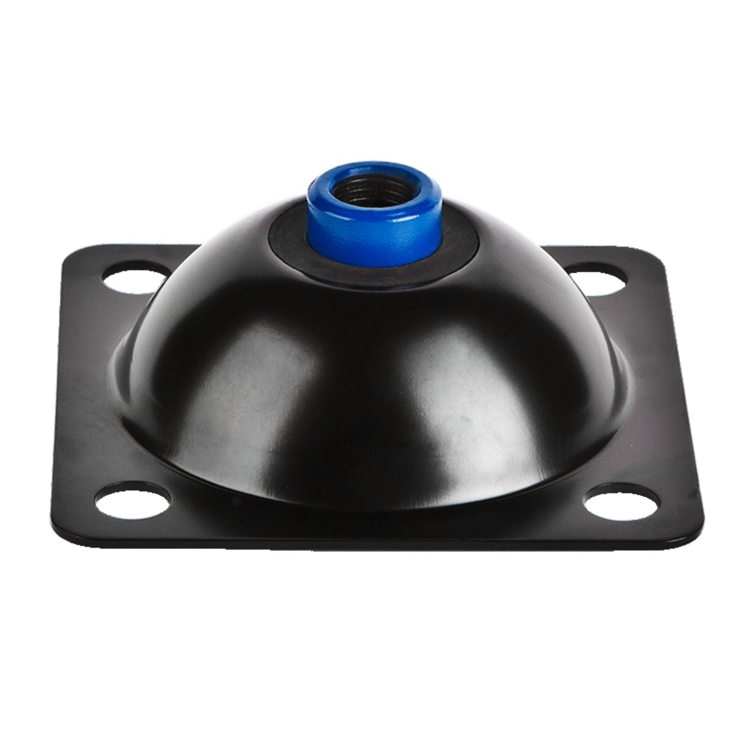 Acrefine seismic rubber mount with a black steel housing, elastomer insert, and flanged base with four mounting holes.