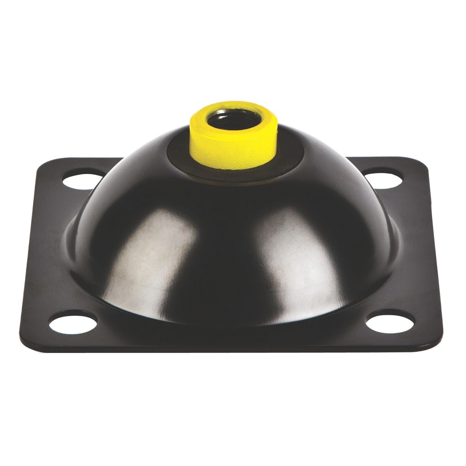 Acrefine restrained elastomeric seismic mount featuring a yellow color-coded insert and robust steel dome enclosure.