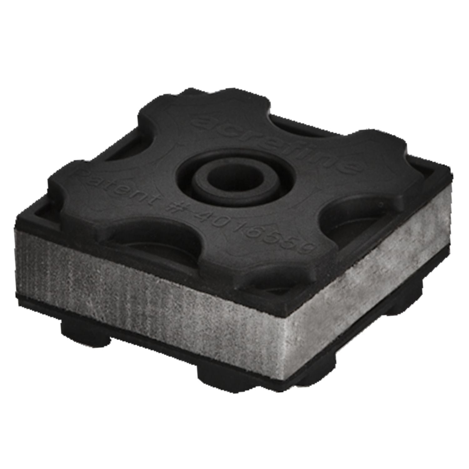 Close-up technical view of a single Acrefine interlocking vibration isolation module showcasing the dense grey copolymer layer.