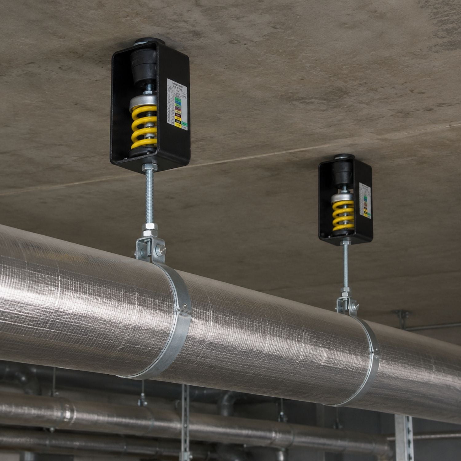 Acrefine spring and rubber combined hanger isolators installed on threaded rods for acoustic pipe suspension.