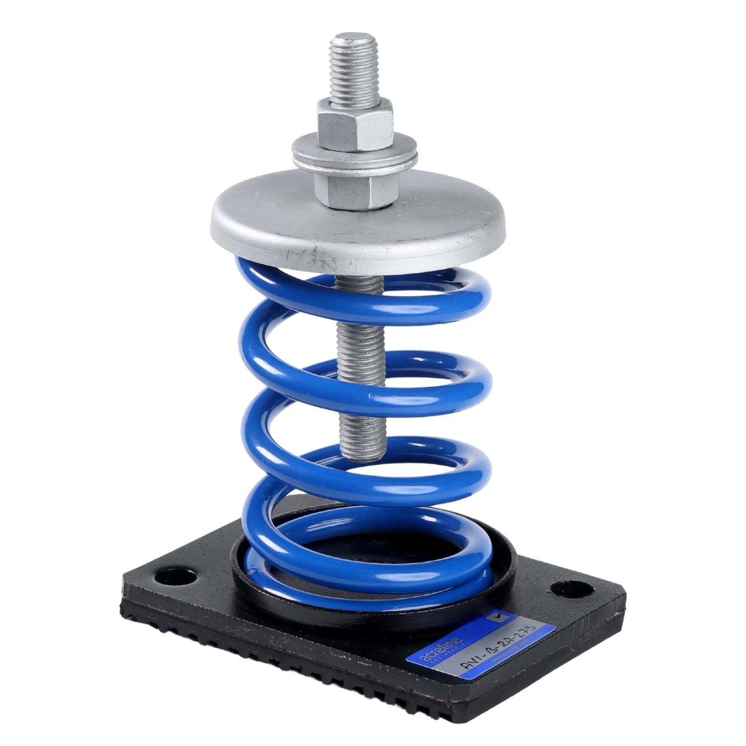 Acrefine vibration spring isolator with blue coil, steel bottom plate, and top leveling bolt assembly.