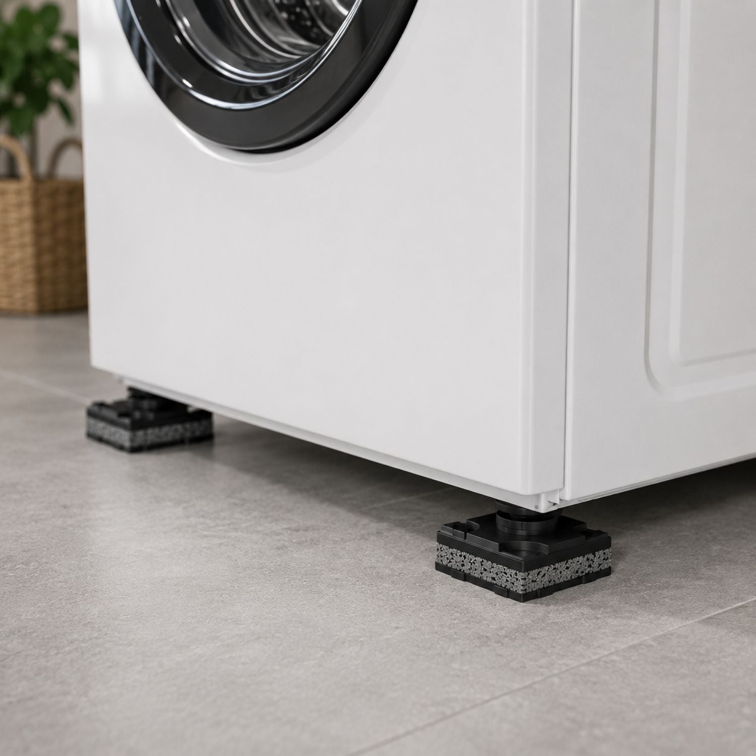 Acrefine washing machine anti vibration pads installed under the feet of a white laundry appliance on a tiled bathroom floor.