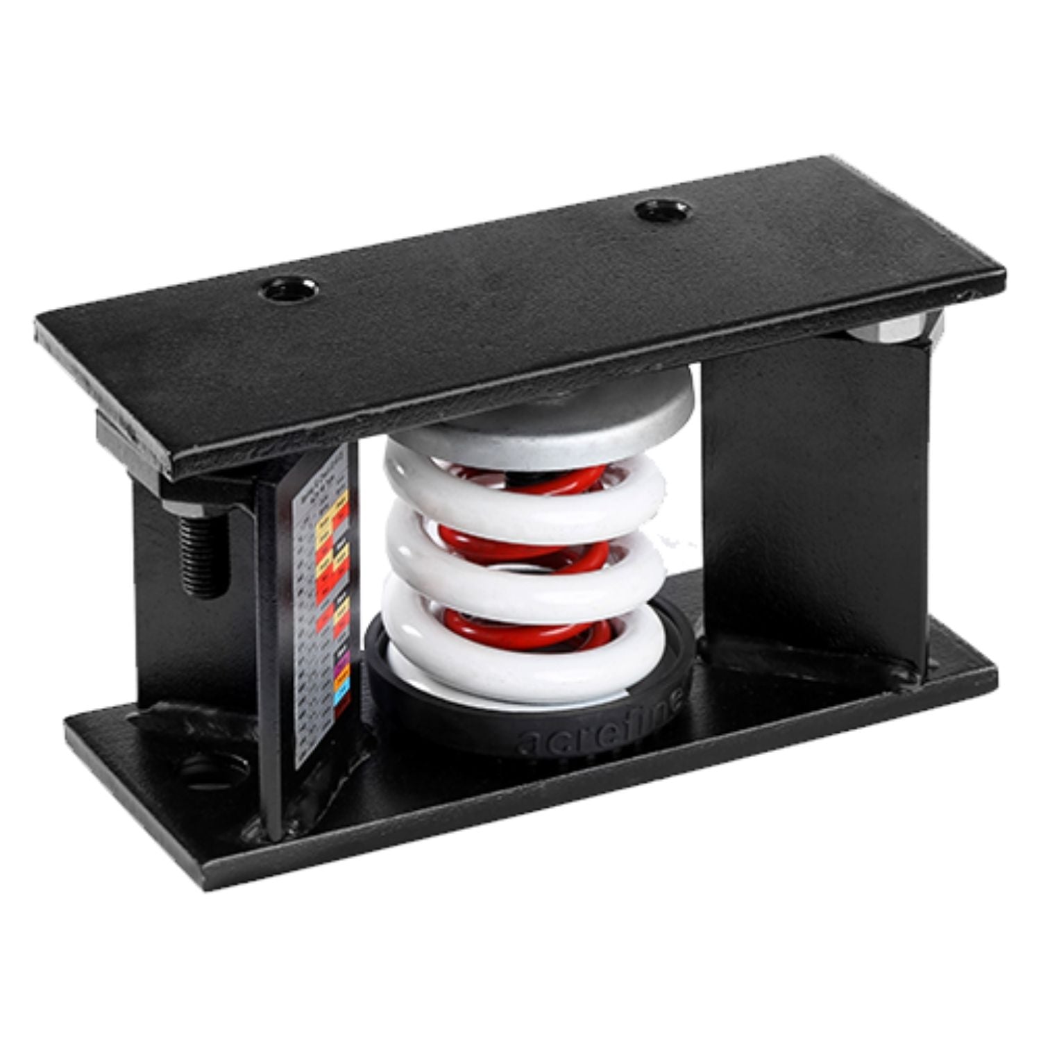 Top perspective view of Acrefine seismic restrained spring isolator showing top plate fixing holes and robust steel housing.