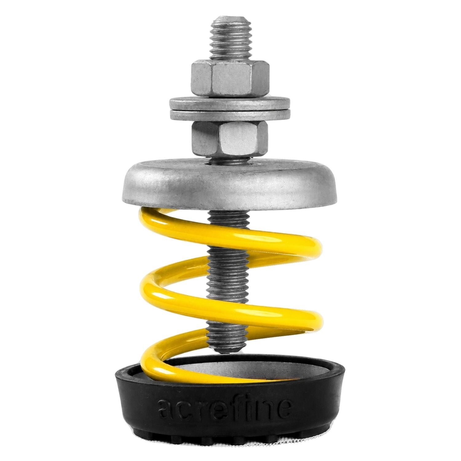 Acrefine vibration isolation open spring mount with yellow coil and top leveling nut for mechanical equipment.