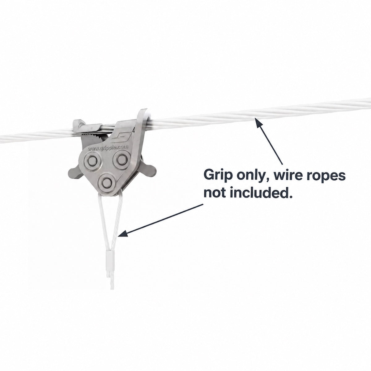 Gripple C-Clip on a catenary wire with a drop wire, labelled grip only, wire ropes not included.