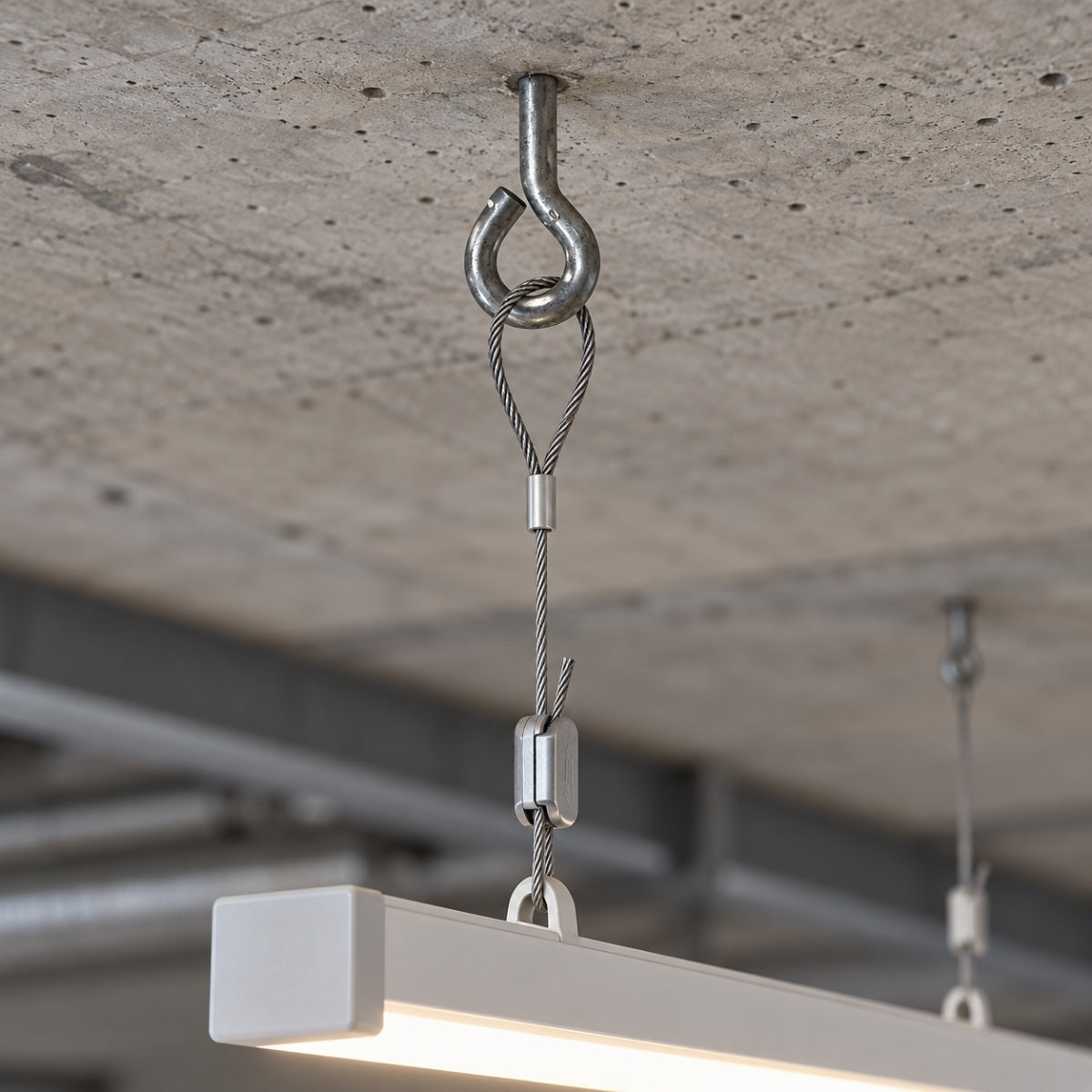 A ring anchor in a concrete soffit with a Gripple wire hanger suspending a linear LED fitting.