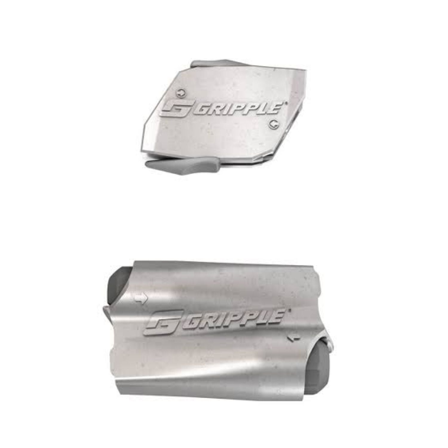 High-resolution product showcase of a Gripple Express clip next to another wire lock unit illustrating mechanical component design.