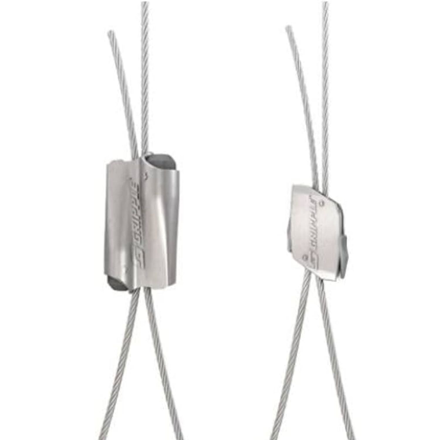 Visual comparison of two different types of Gripple express suspension fastener clips with steel cables passing through them.