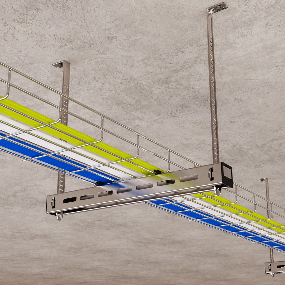 Render of a Fast Trak bracket suspended under a ceiling, carrying a cable tray of coloured cables.
