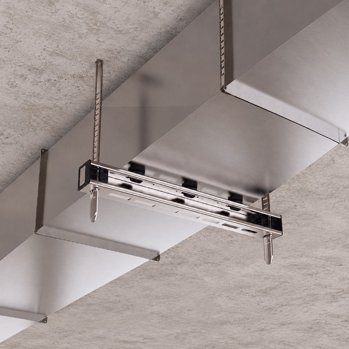 Render of a Fast Trak bracket fixed under a concrete soffit, supporting a cable basket.