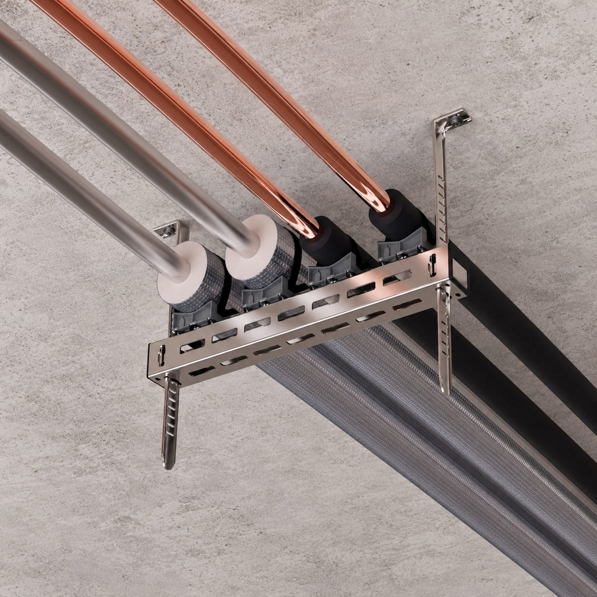 Render of copper pipes resting in a Fast Trak bracket suspended from a ceiling.