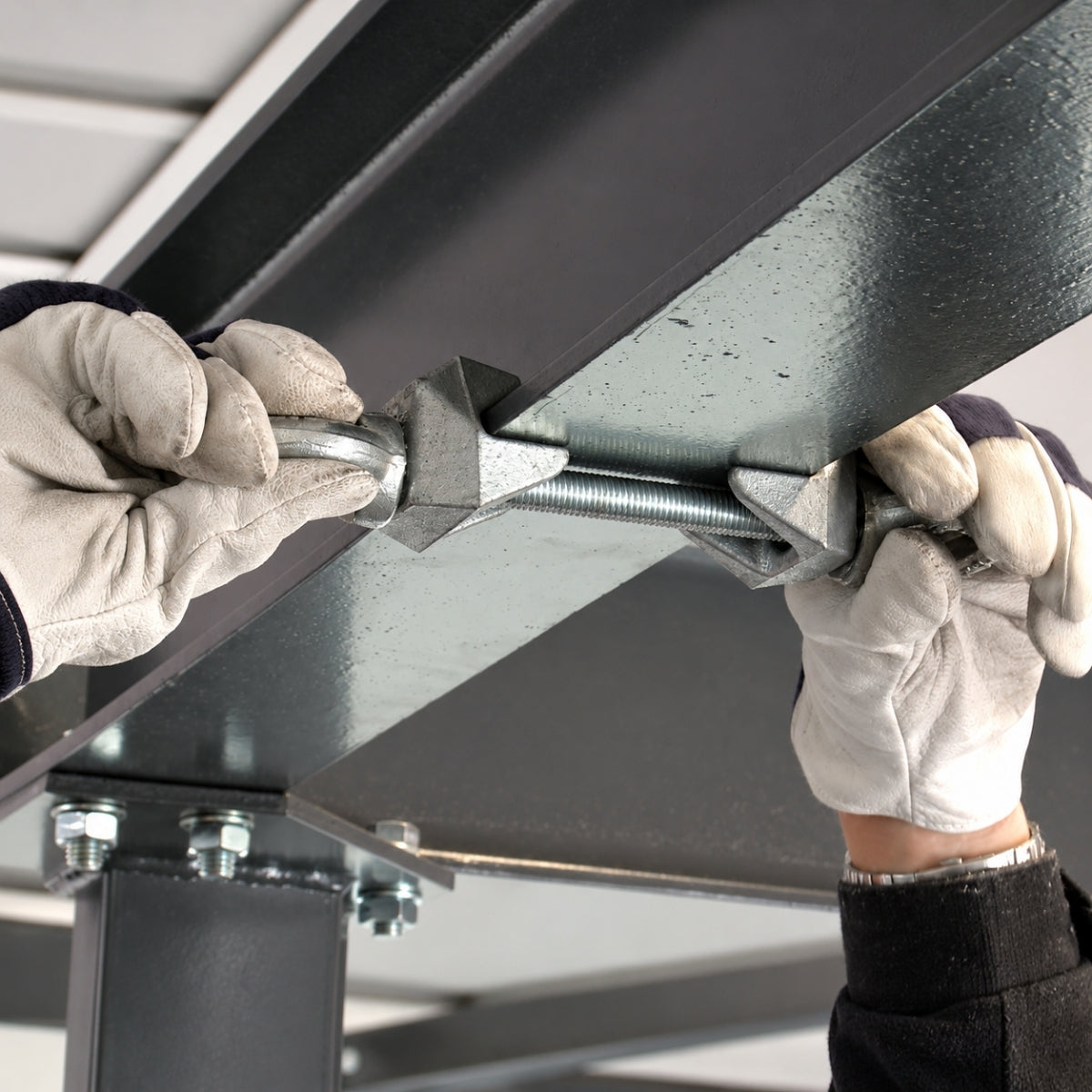Gloved hands fitting the Gripple GF bracket kit across the lower flange of a steel beam.