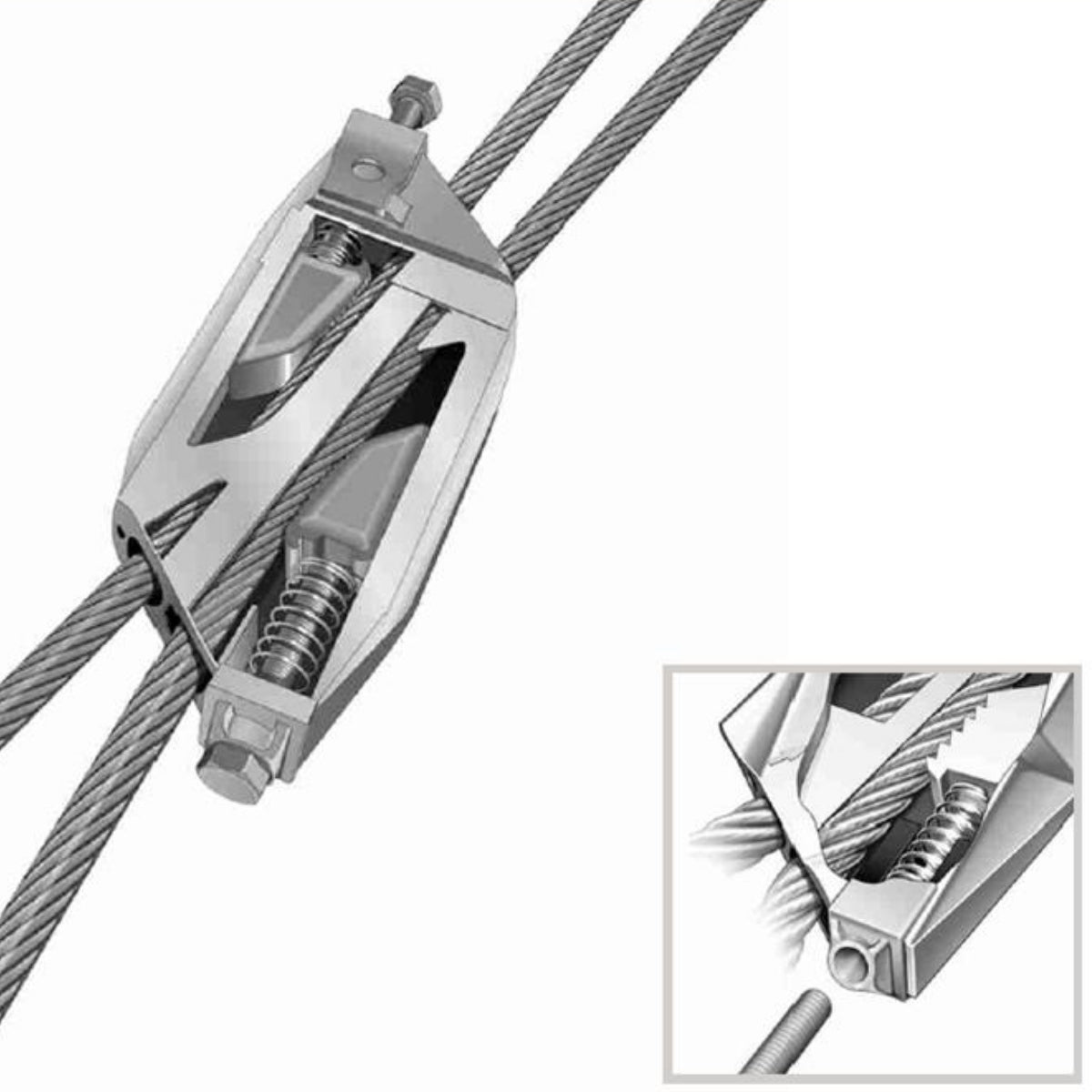 Cut-away close-up showing the internal wedges of the Lockable No.6 on wire rope.