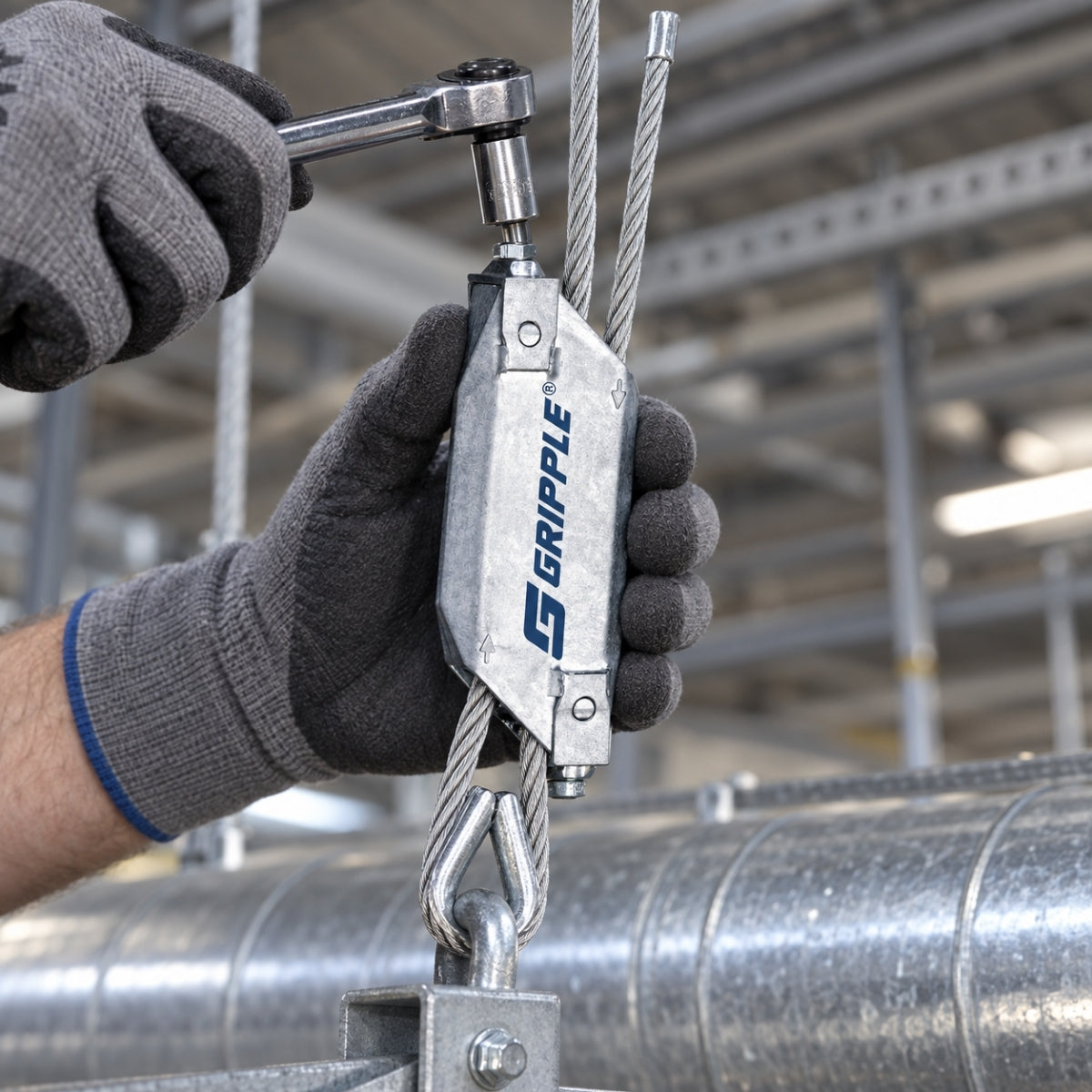A socket wrench tightening the locking screw of a Gripple Lockable suspending galvanised ductwork.