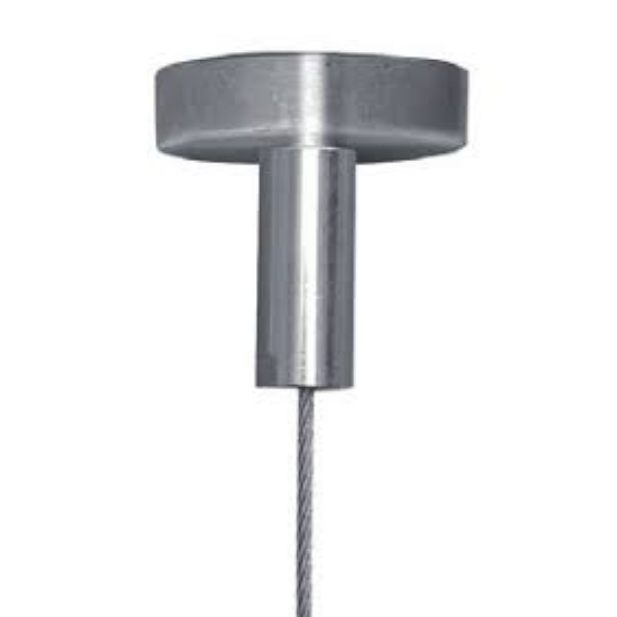 Close-up of the magnetic pad holding on a ceiling with the wire running down.