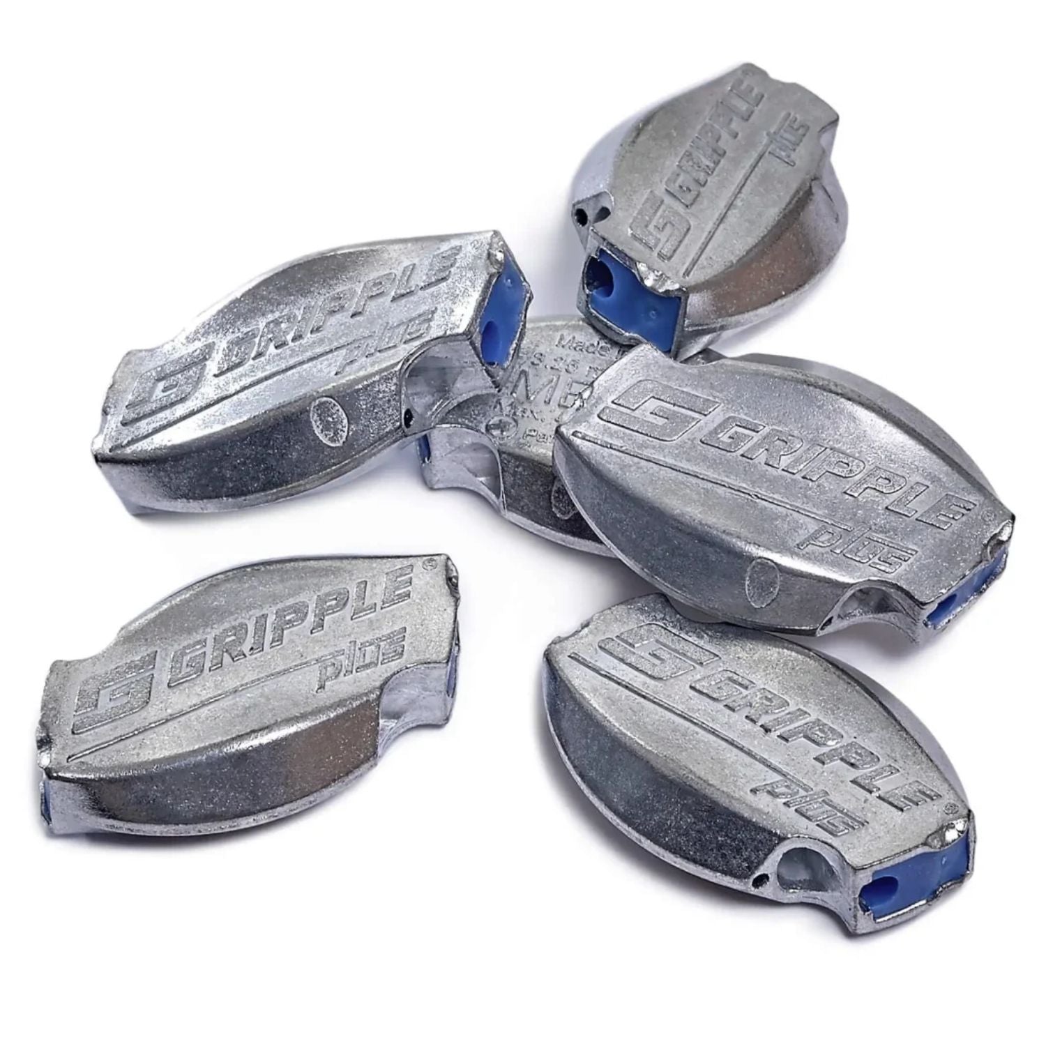 A cluster of multiple zinc-alloy Gripple Plus Medium wire connectors grouped together on a clean white background.