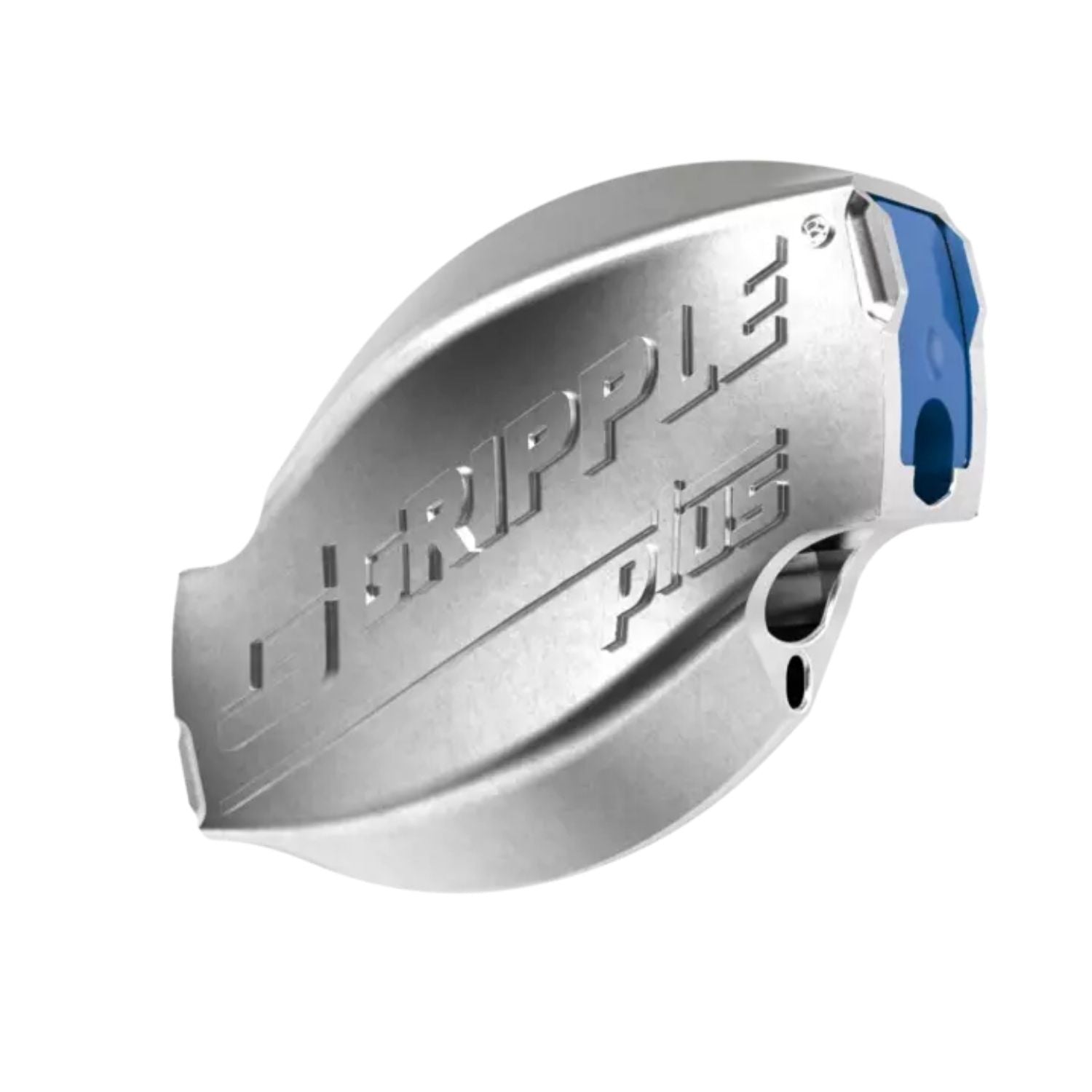 A high-resolution studio rendering of a silver Gripple Plus wire joiner and tensioner showcasing the embossed logo and blue side insert.
