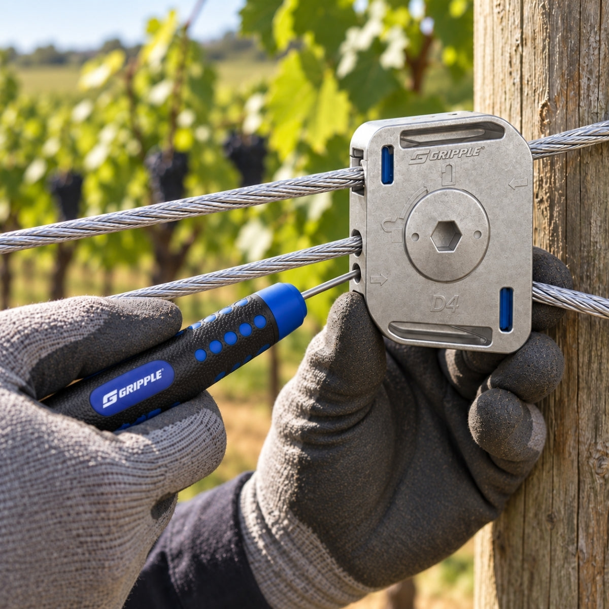 Gloved hands using the Setting Key on a Gripple Dynamic fastener holding tensioned wires on a vineyard trellis post.
