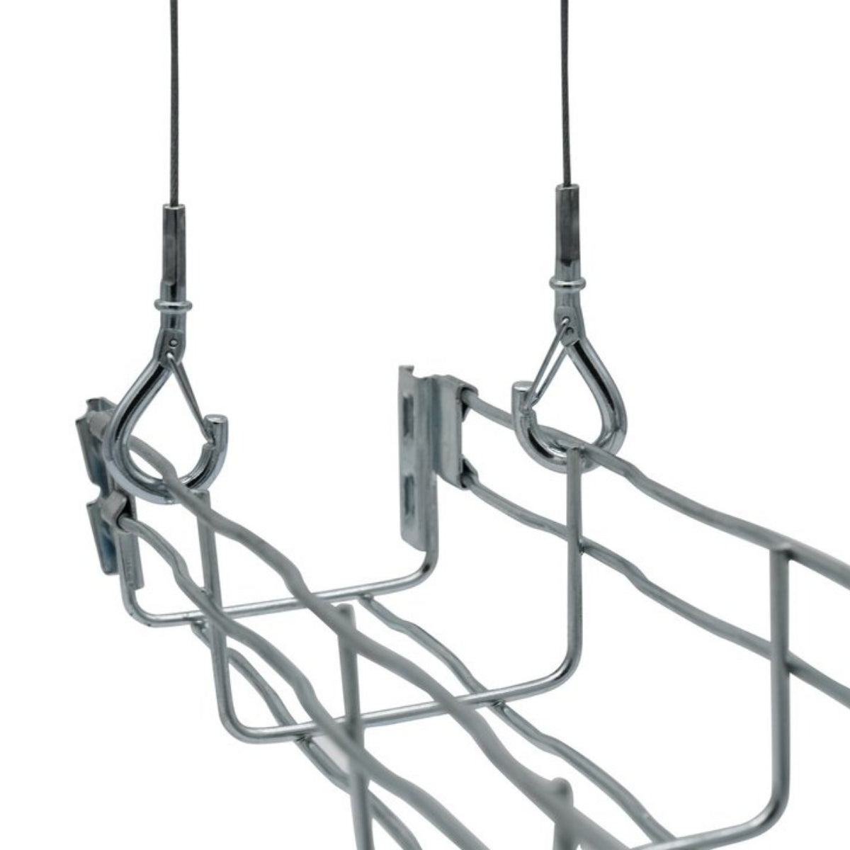 Wire basket trays suspended from snap hook hangers.