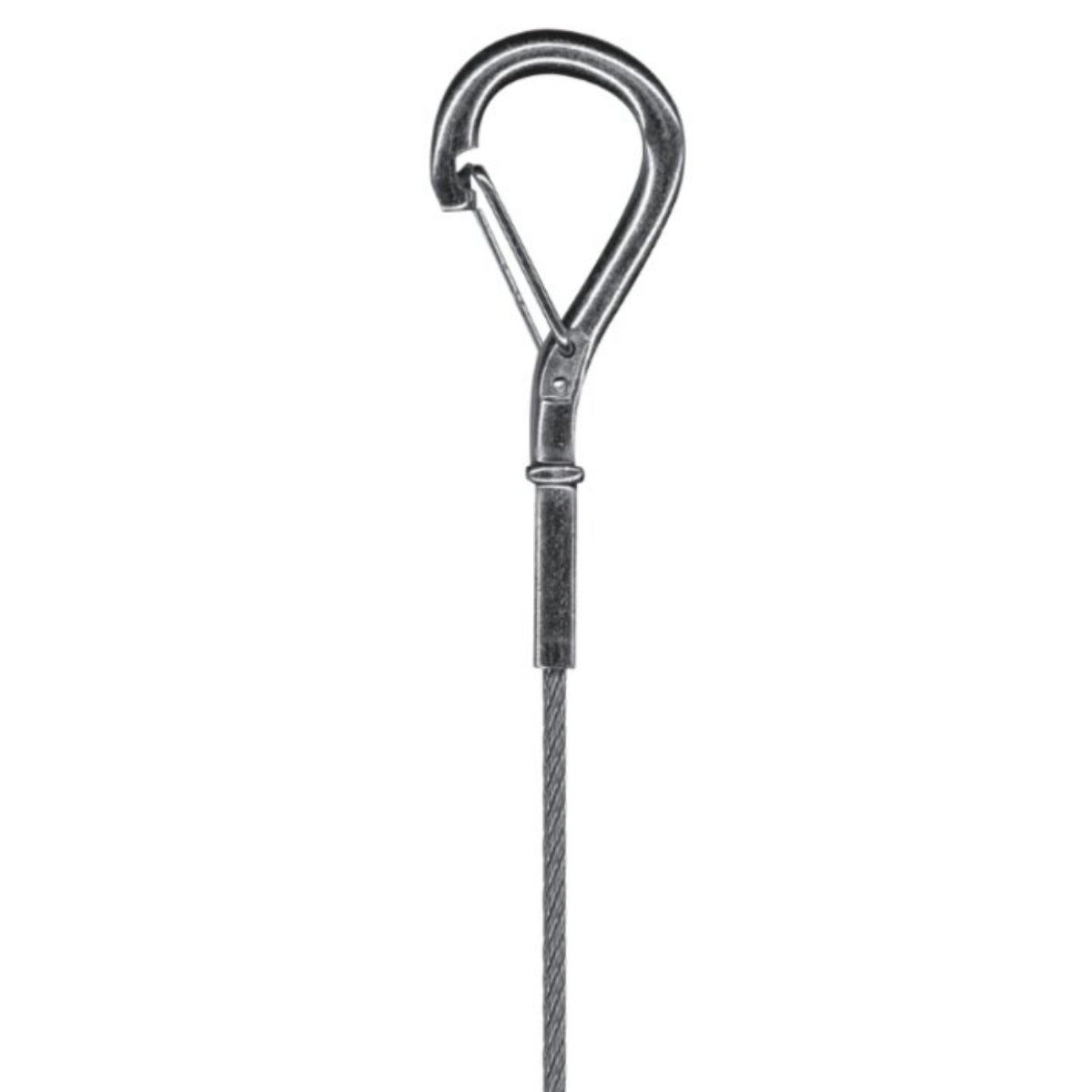 Close-up of the snap hook and its swaged wire termination.